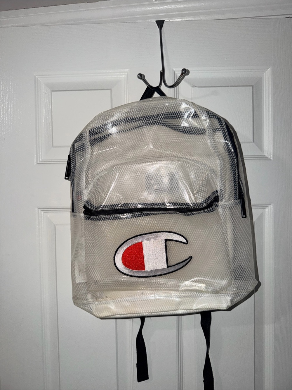 CHAMPION Clear Grid Mesh Transparent Backpack Big C Logo White